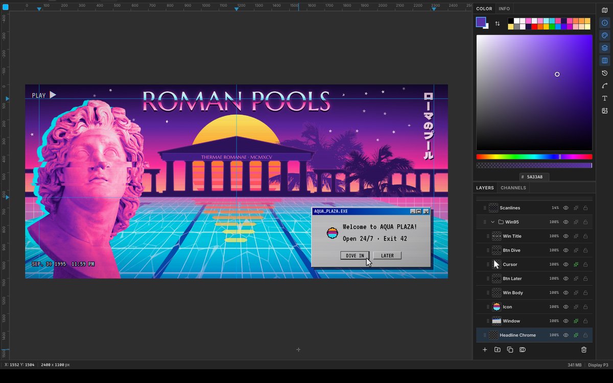 Lopsy showing the finished Roman Pools vaporwave billboard, a pink gradient-mapped marble bust beside a backlit Roman temple, a striped sun and a cyan perspective pool, with the Layers panel open