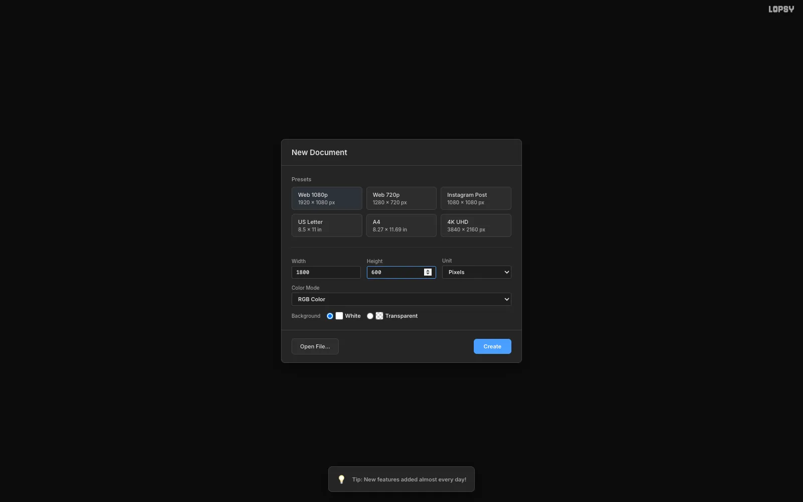 The New Document dialog in Lopsy with Width set to 1800 and Height set to 600 pixels