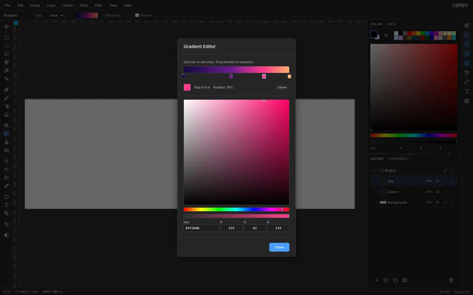 The Gradient Editor with four stops running from deep indigo through purple and hot pink to peach