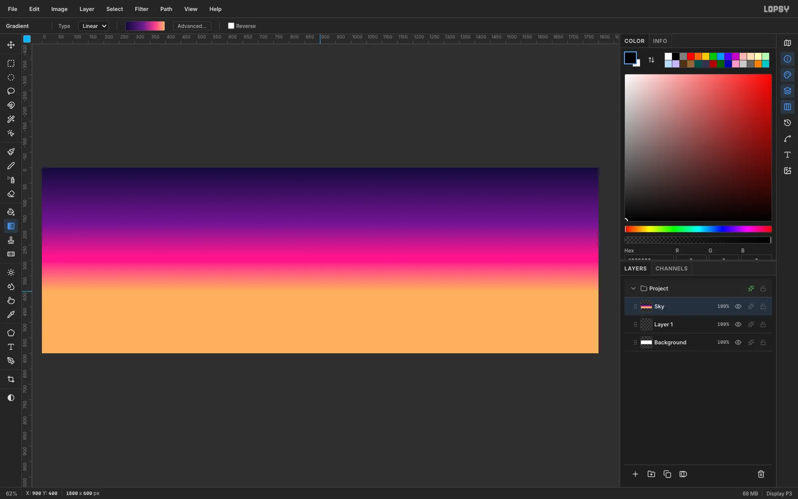 A canvas filled with a vertical gradient from dark indigo at the top through hot pink to peach