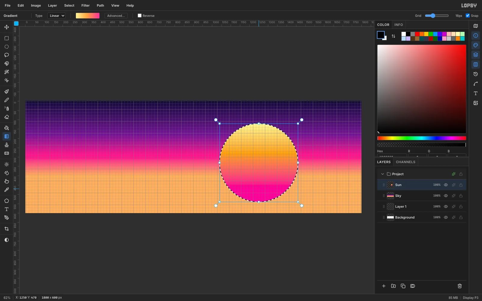 A circular selection filled with a gradient from pale yellow at the top to hot pink at the bottom