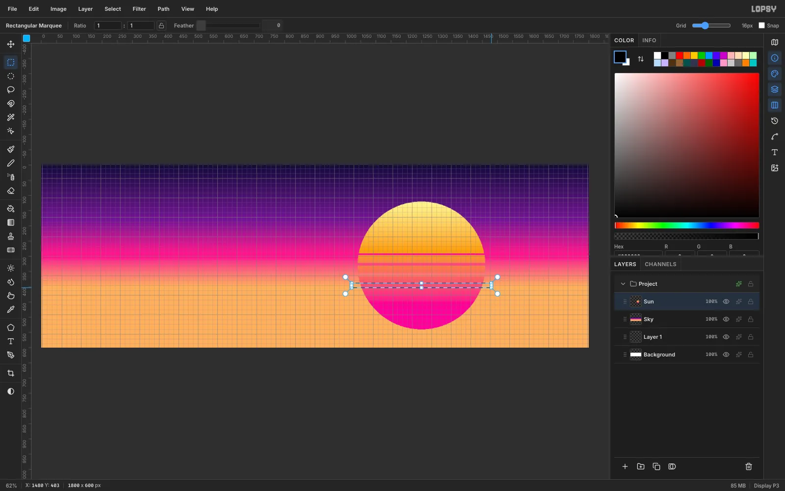 A thin rectangular marquee across the lower half of the sun, with several stripes already cut out