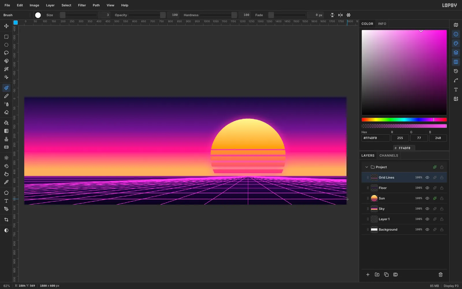 A dark purple floor below the horizon covered in glowing magenta perspective grid lines that converge on the sun