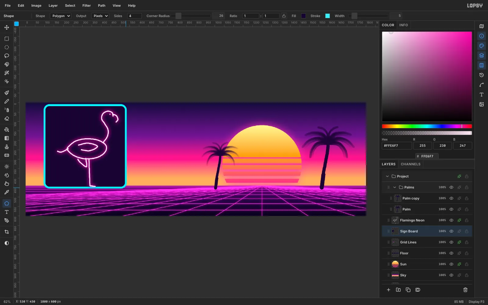 A rounded dark sign board with a glowing pale-pink neon flamingo outline standing on one leg