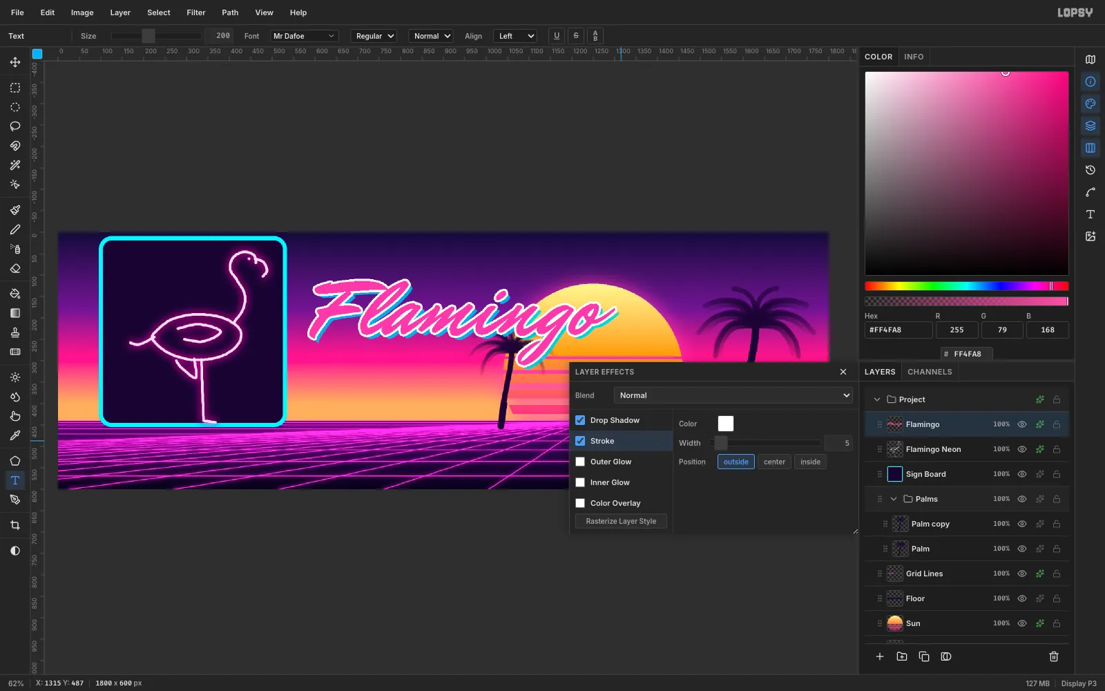 The Layer Effects panel with Stroke and Drop Shadow on for the pink Flamingo script headline