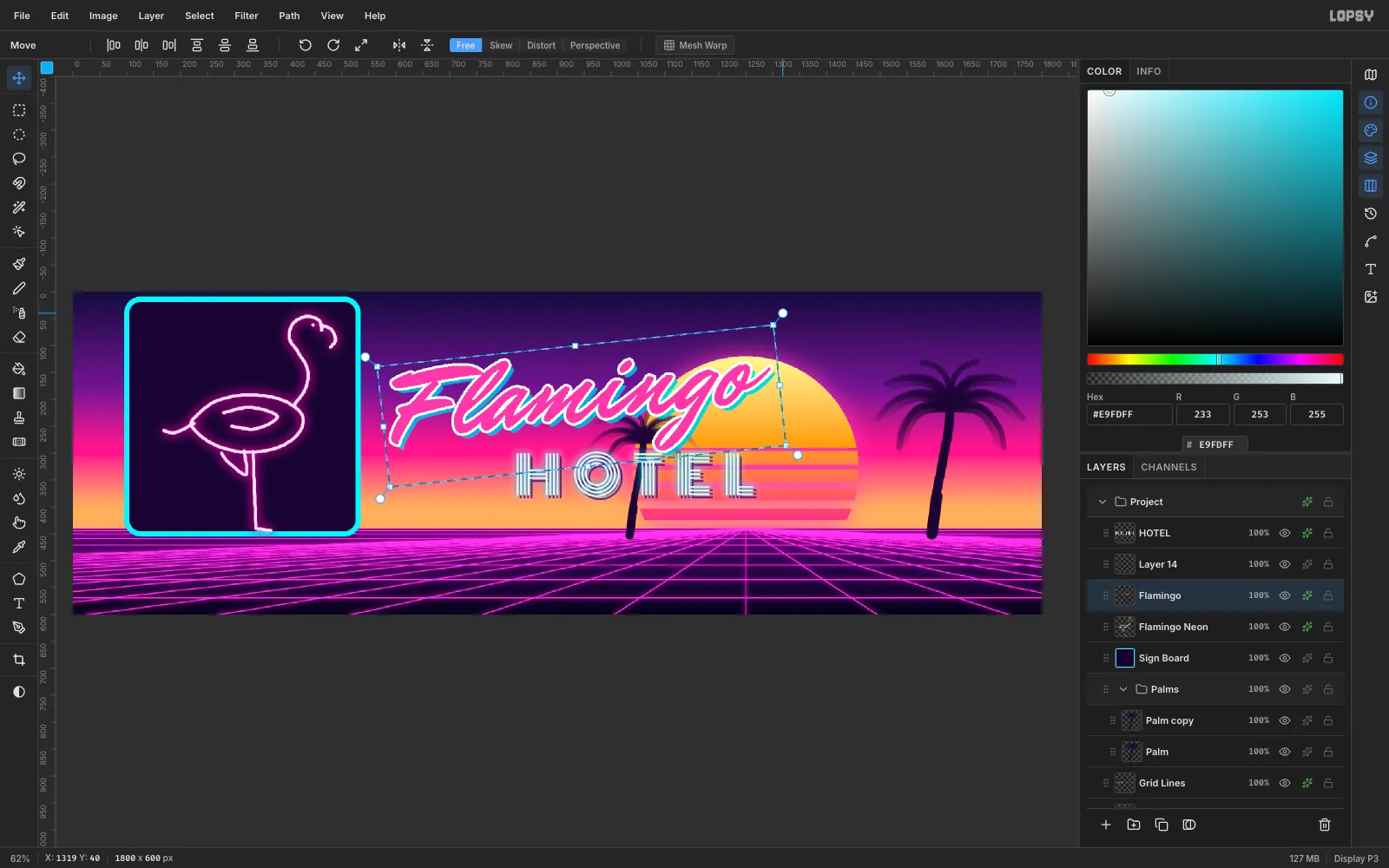A marquee around the Flamingo headline being rotated a few degrees counterclockwise by its corner handle