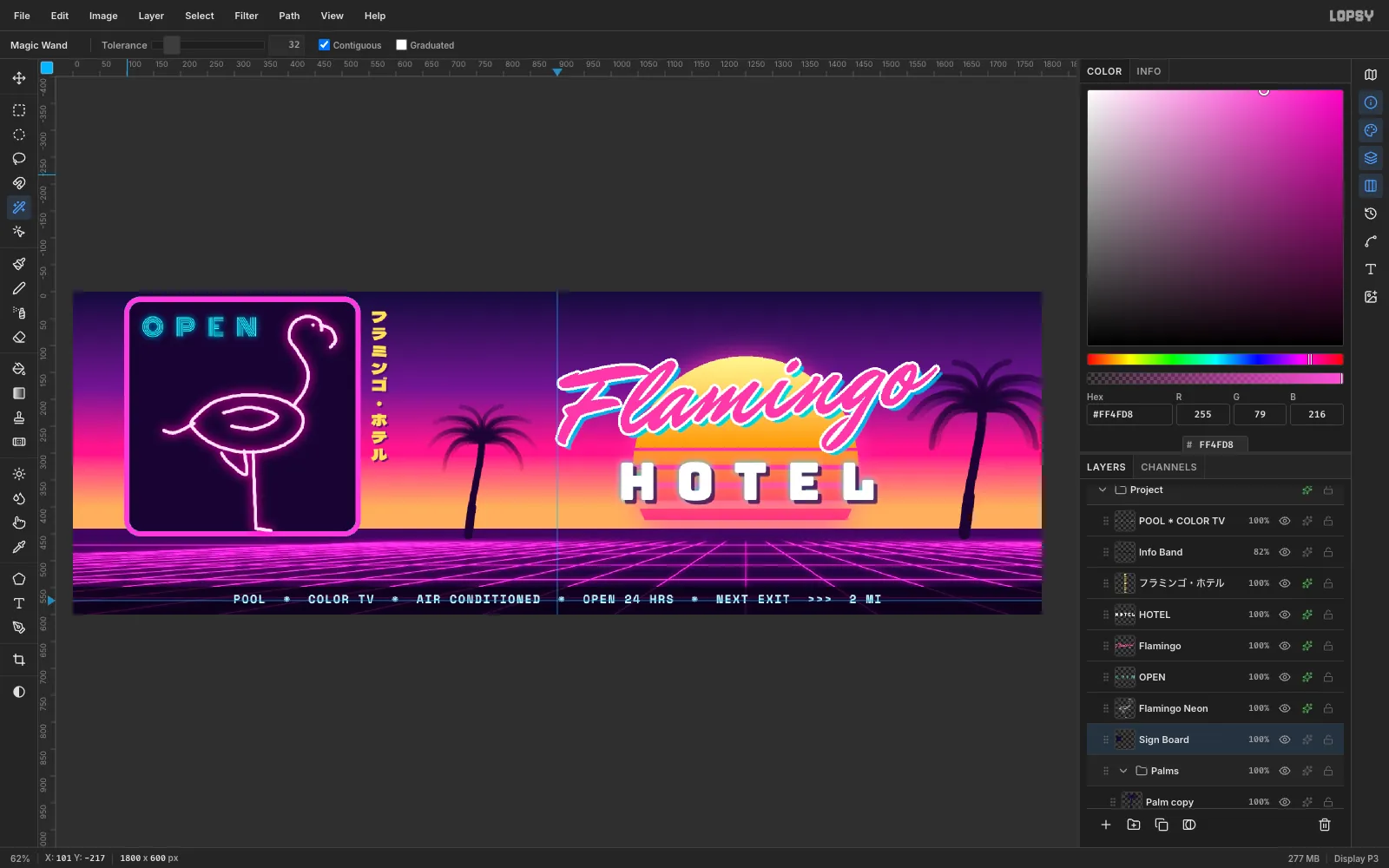 The sign board frame recolored from cyan to hot pink after a Magic Wand selection and Fill