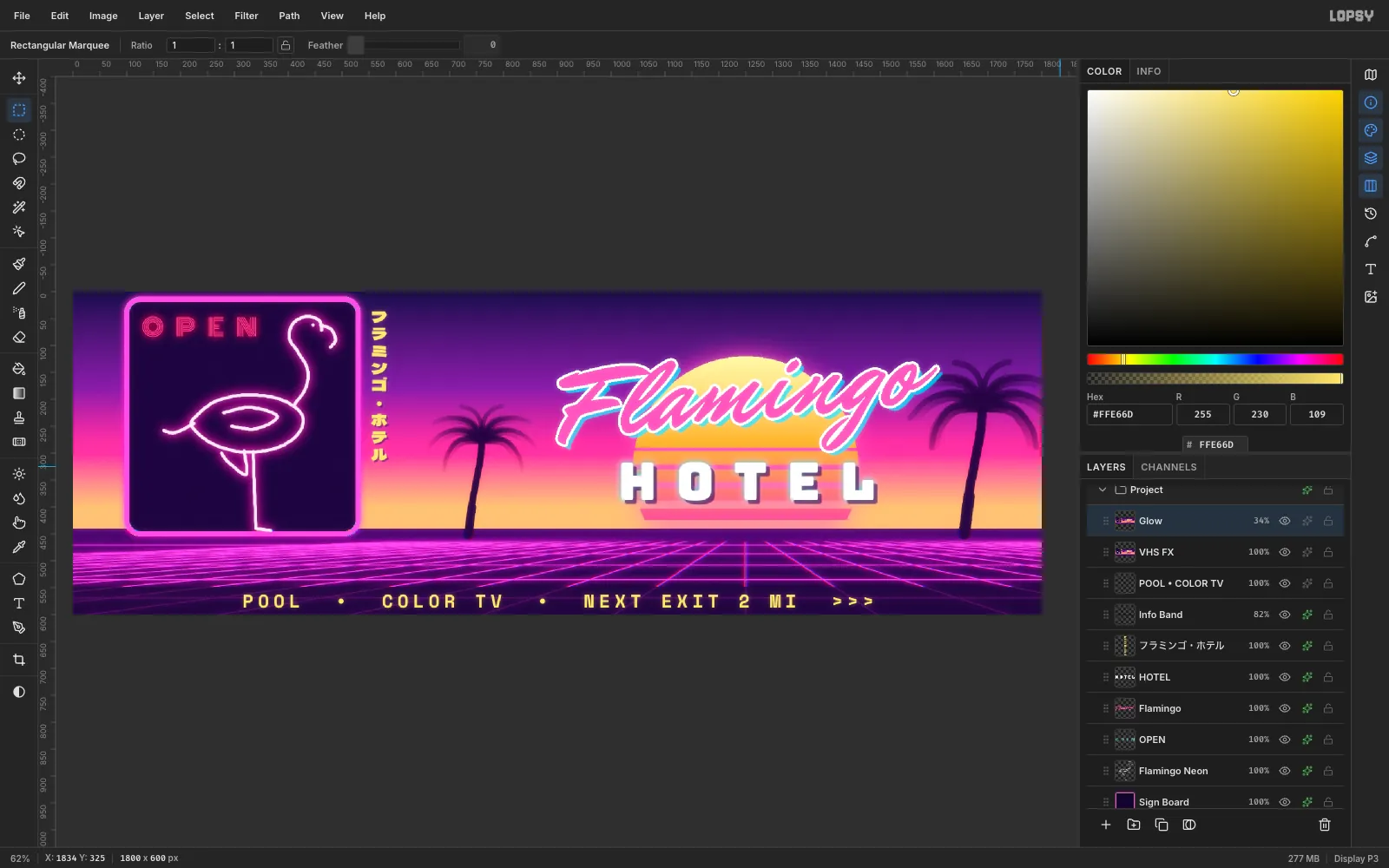 The finished composition with a soft screen-blended glow layer at 34 percent opacity at the top of the Layers panel