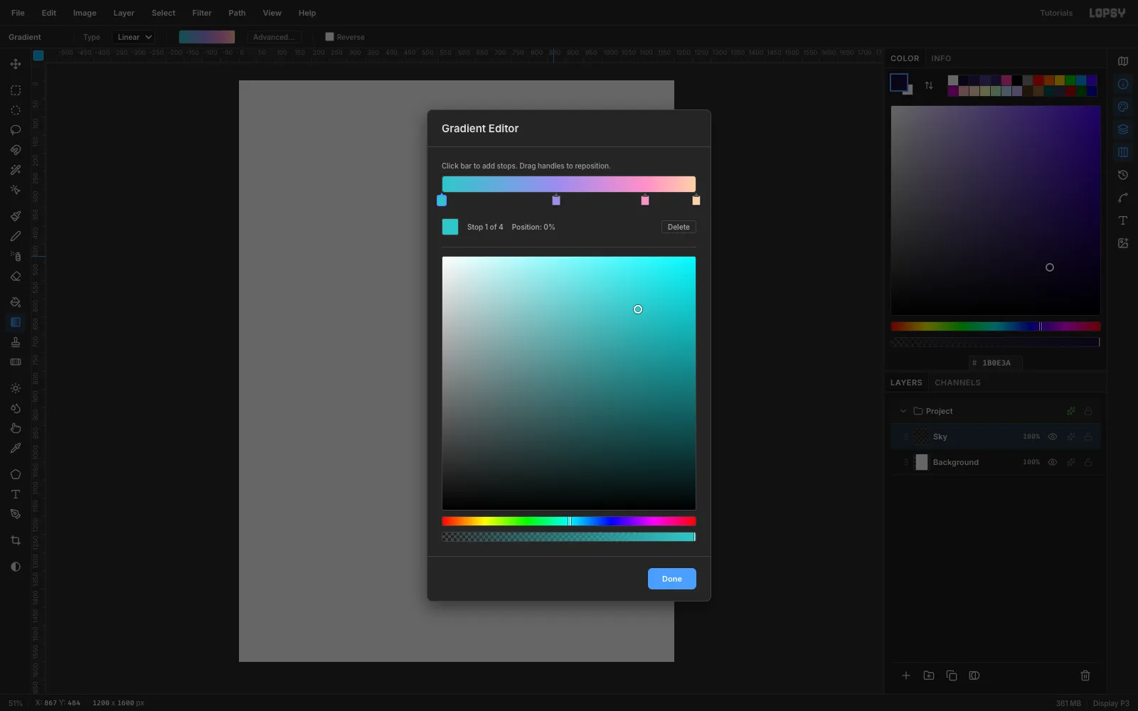The Gradient Editor with four stops running from teal through lavender and pink to peach