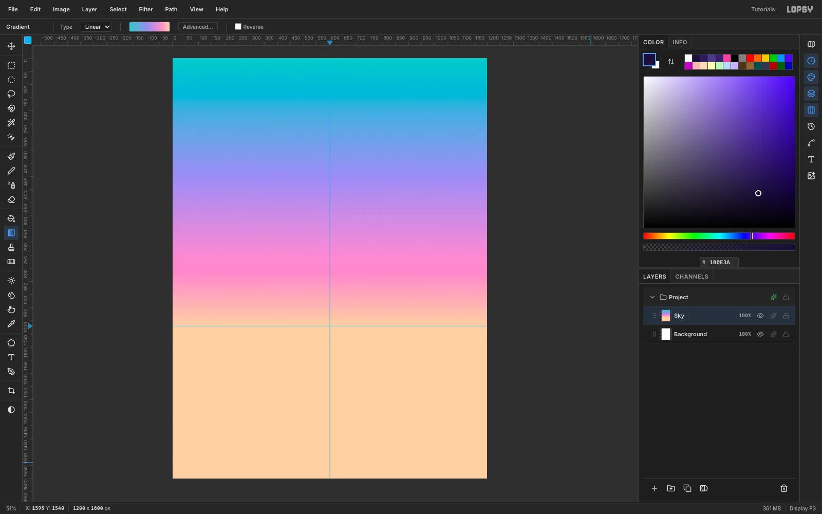 A teal-to-peach gradient filling the top of the canvas, with a vertical guide at the center and a horizontal guide at y 1020