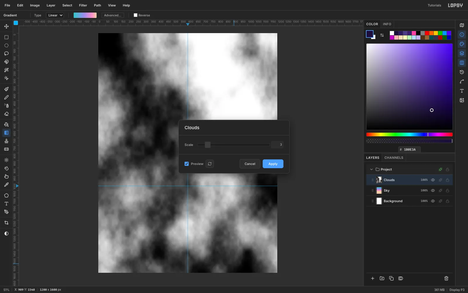 The Clouds filter dialog at Scale 3 with Preview on, showing soft grey clouds over the whole canvas