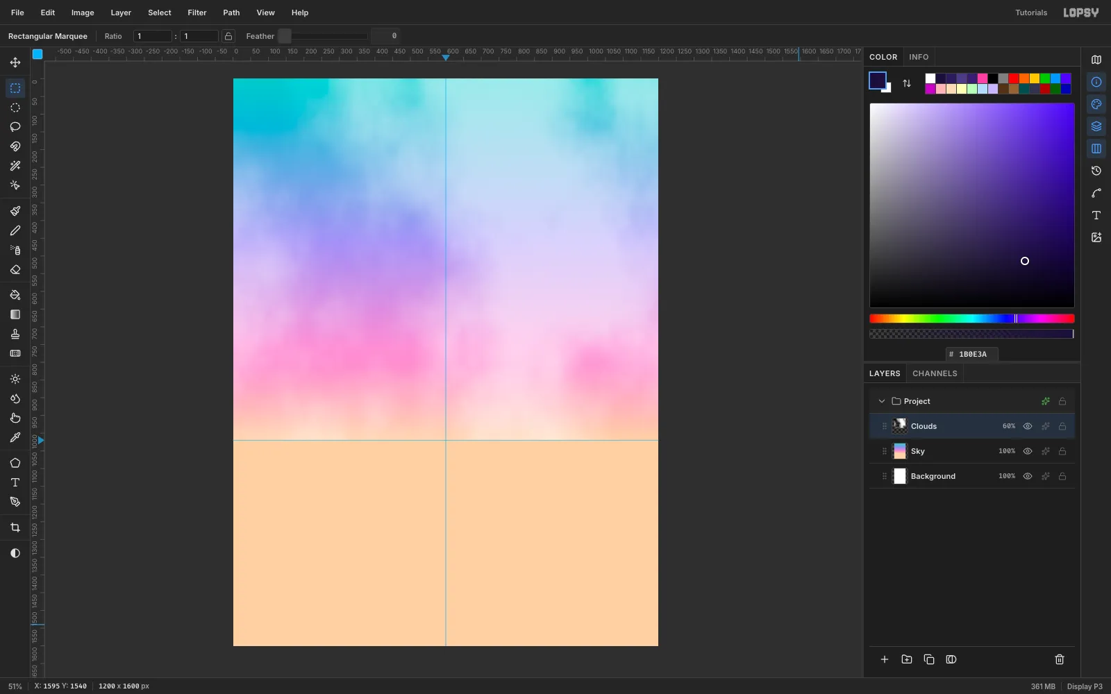 Soft white clouds screened over the sunset gradient, stopping cleanly at the horizon line
