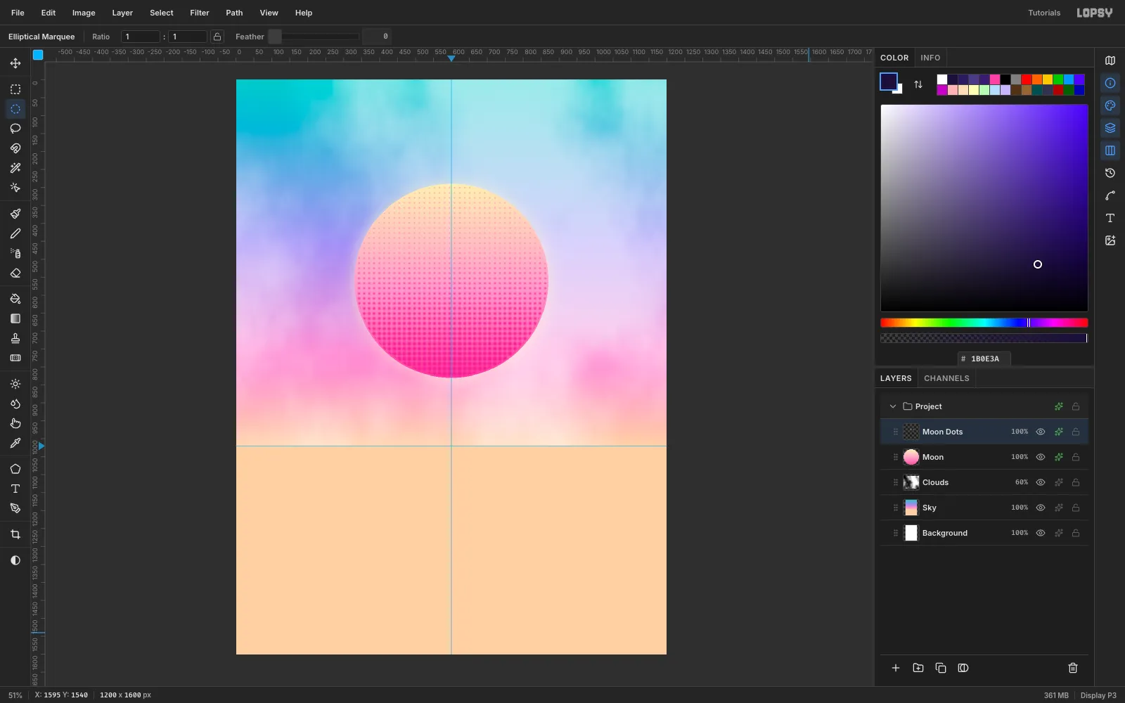The sun covered in fine pink halftone dots that grow larger toward its lower edge