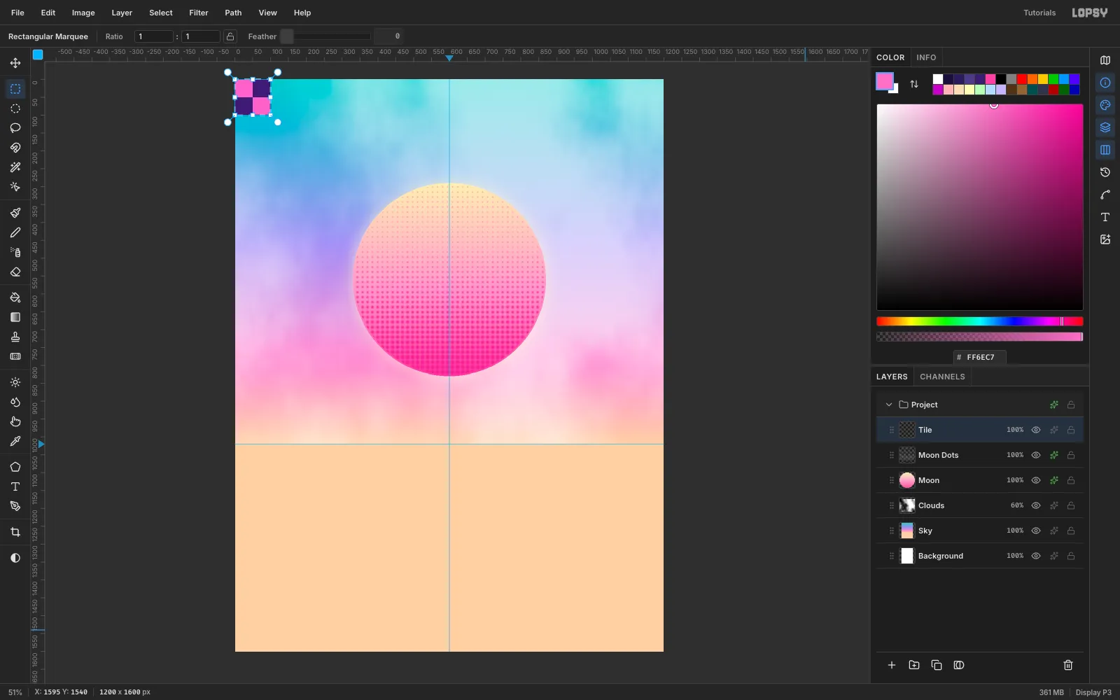 A 100 by 100 pixel pink and purple checker tile in the top-left corner of the canvas with a marquee around it