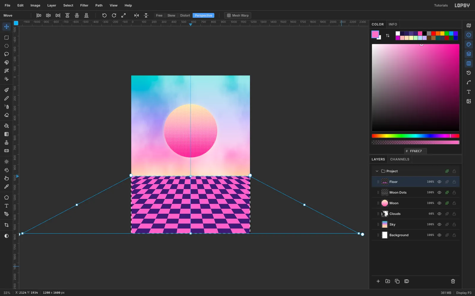 The checkerboard floor with the Perspective transform active, its bottom corners pulled far outside the canvas so the tiles converge toward the horizon