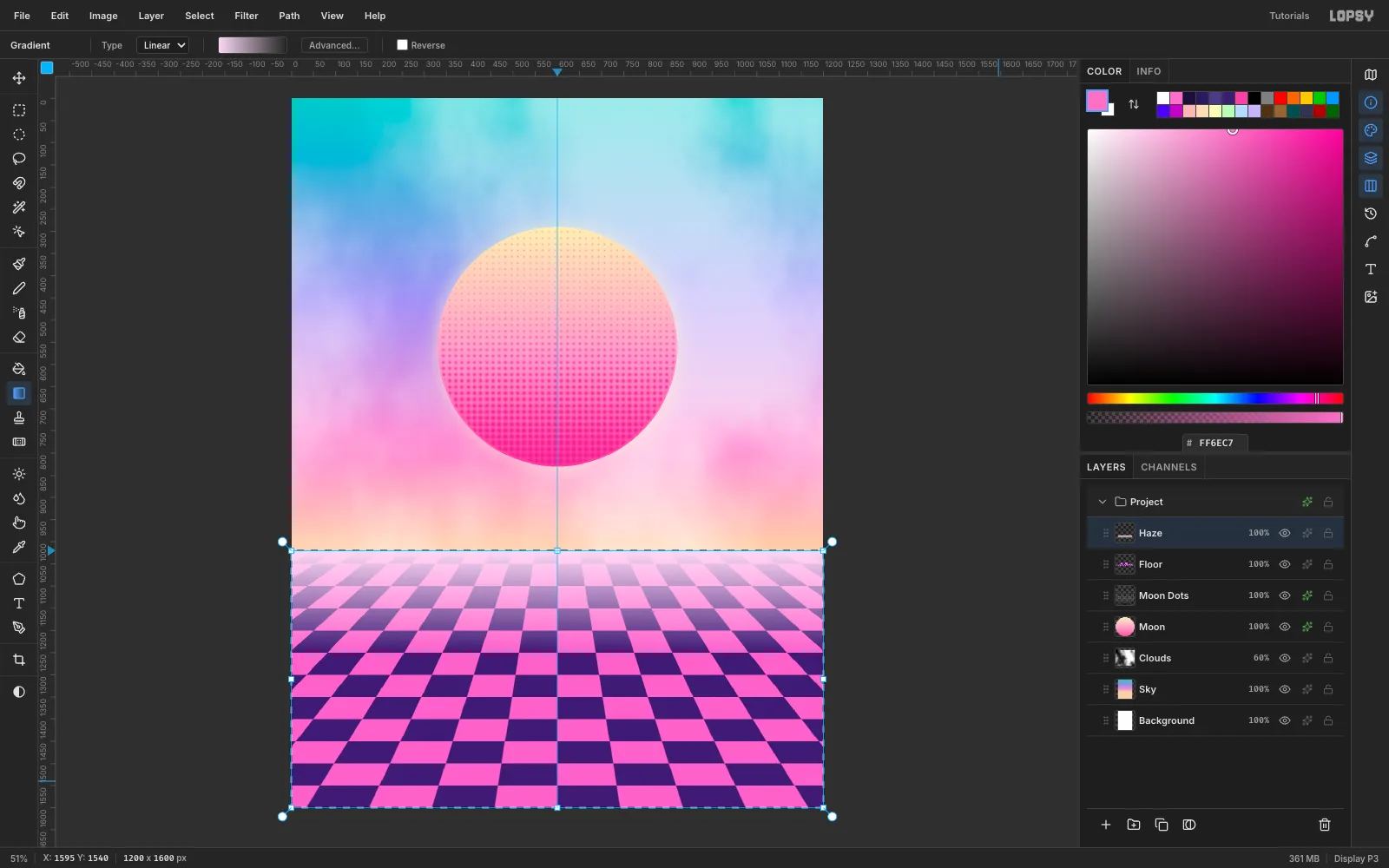 A pale pink haze fading down from the horizon over the top rows of the checkerboard
