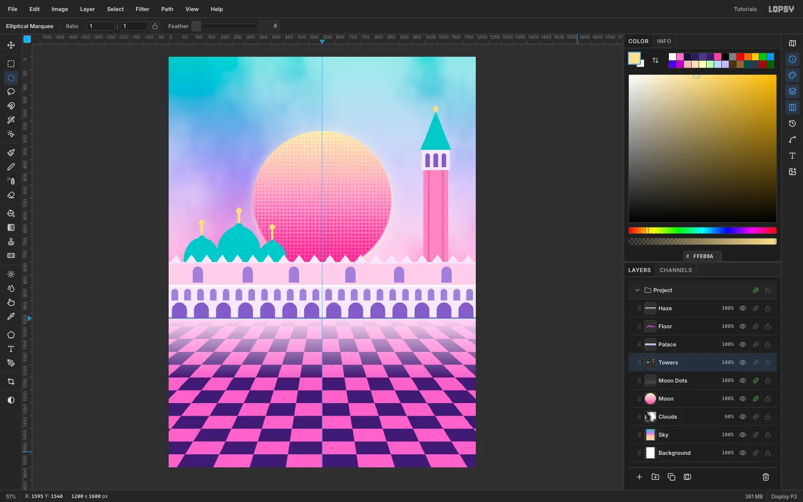 Three teal onion domes with gold finials on the left and a tall pink bell tower with a teal spire on the right