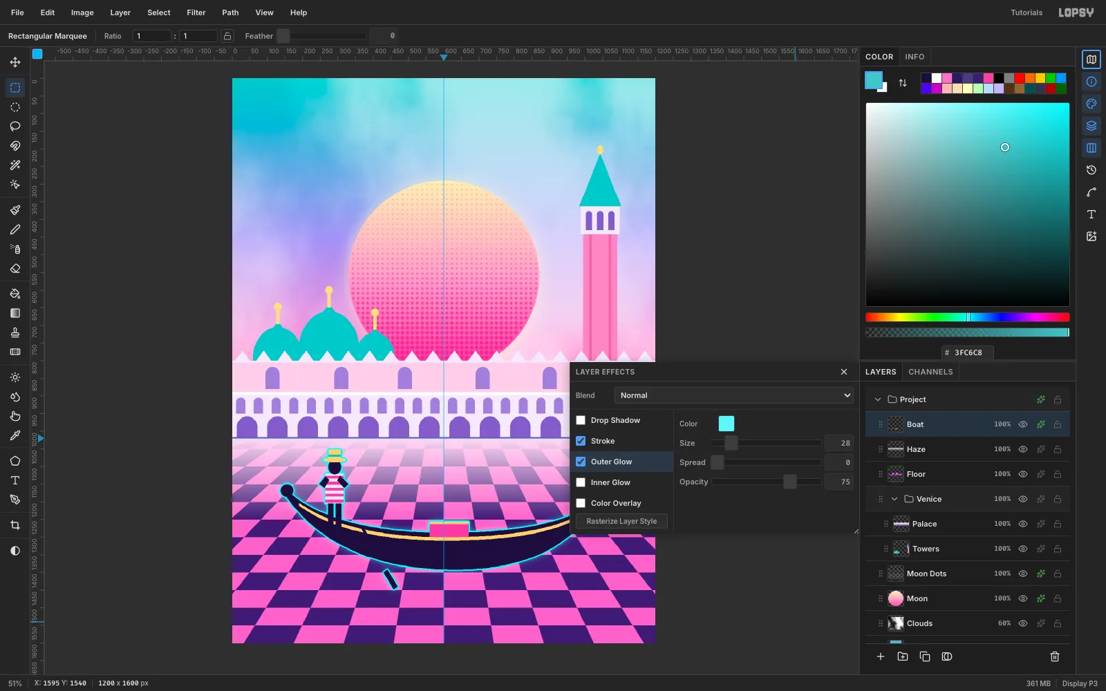 The Layer Effects drawer with a cyan outside Stroke and a cyan Outer Glow applied to the gondola