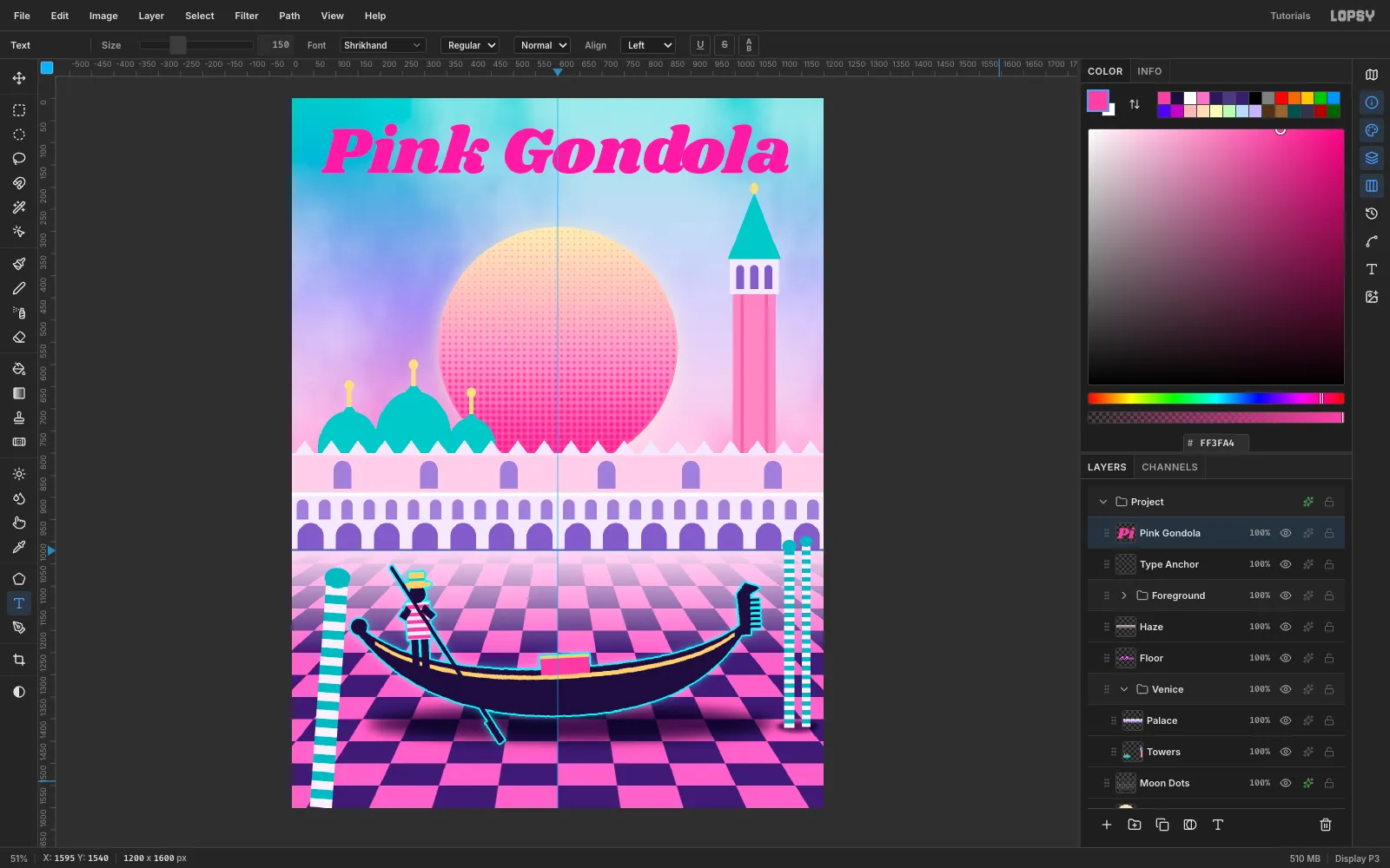 Pink Gondola typed in large pink Shrikhand across the top of the sky