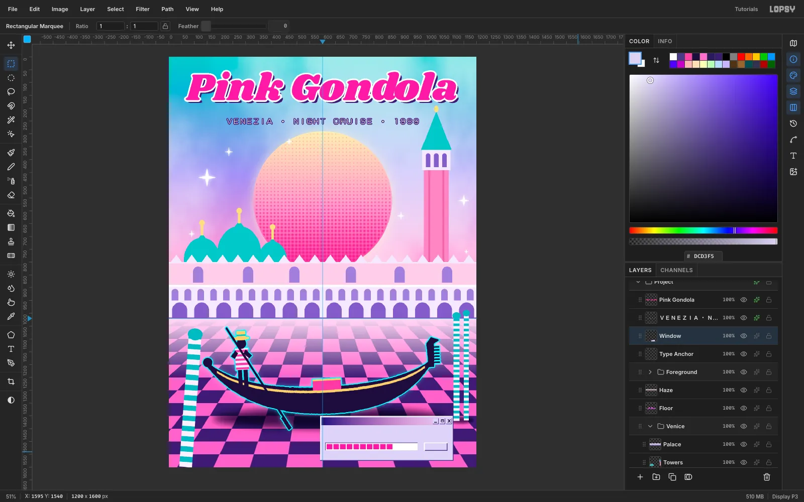 A lavender dialog window with bevelled edges, a gradient title bar, minimize, maximize and close buttons, a pink progress bar and an OK button