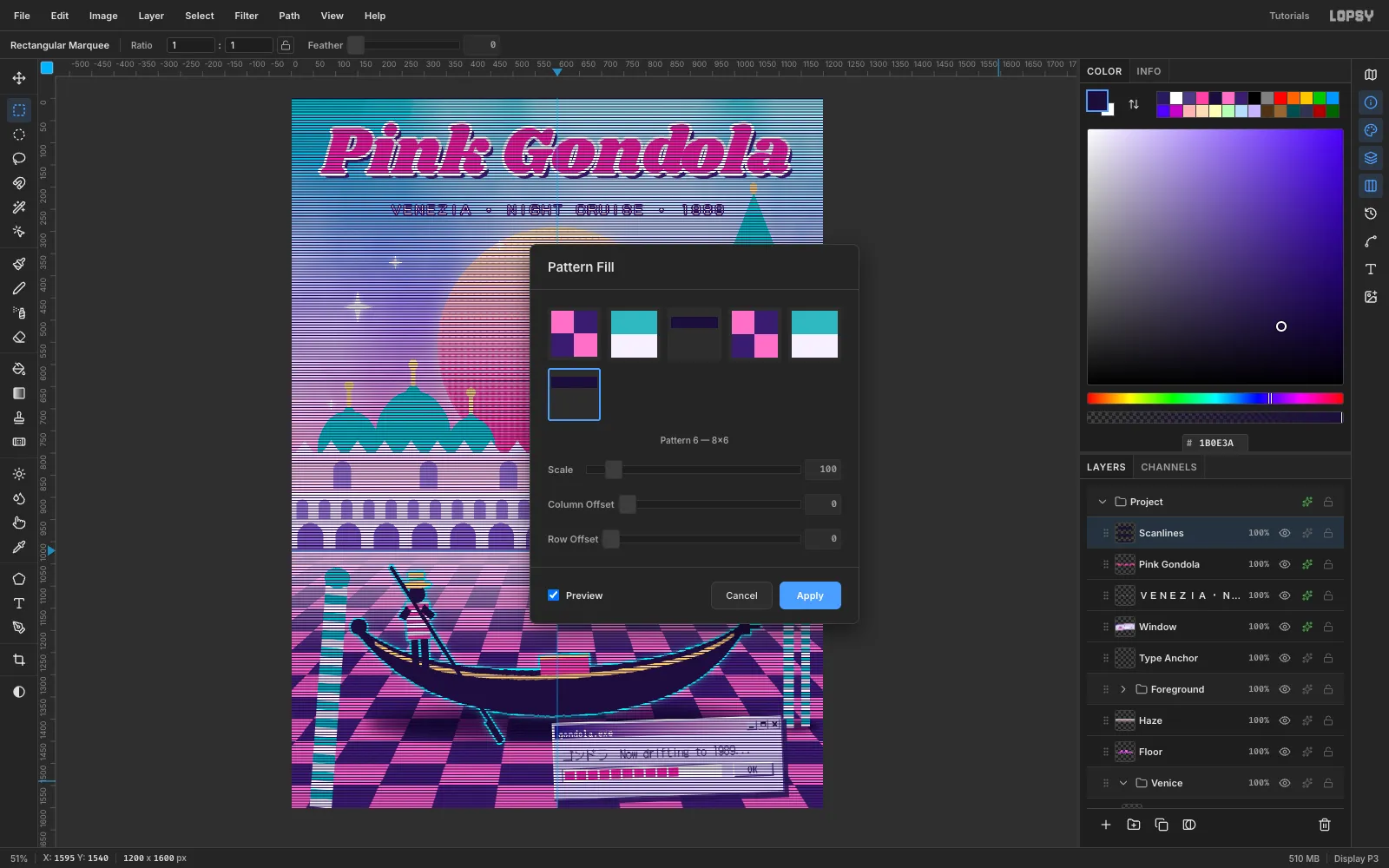 The Pattern Fill dialog previewing thin dark horizontal scanlines across the whole poster