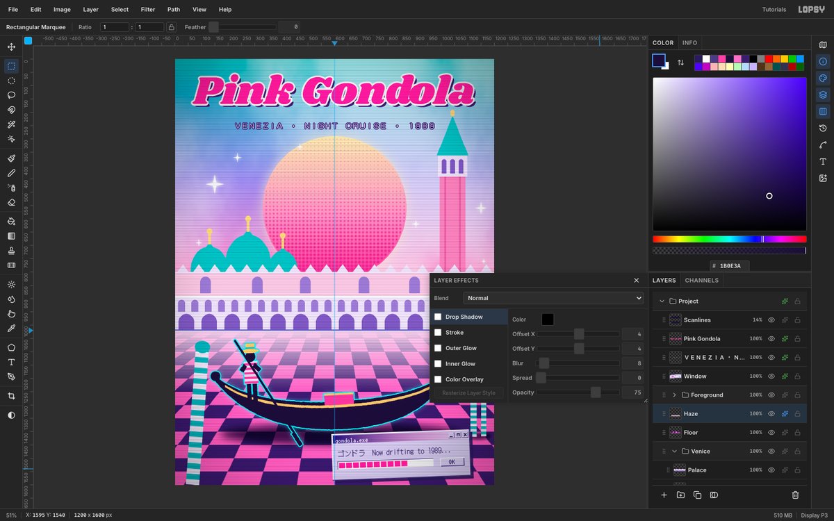 Lopsy showing the finished Pink Gondola vaporwave poster, a neon-outlined gondola floating on a pink and purple checkerboard floor in front of a pastel Doge's Palace and a halftone sun