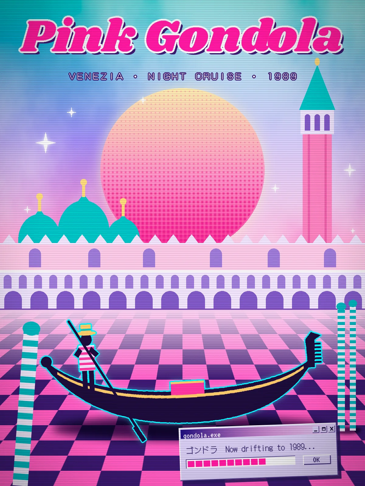 The finished Pink Gondola poster, with a pink Shrikhand headline over a teal-to-peach cloudy sky, a halftone pink sun behind a pastel Venetian palace with teal domes and a pink bell tower, a gondolier rowing a neon-outlined gondola across a perspective checkerboard floor, striped mooring poles and a tilted gondola.exe dialog window