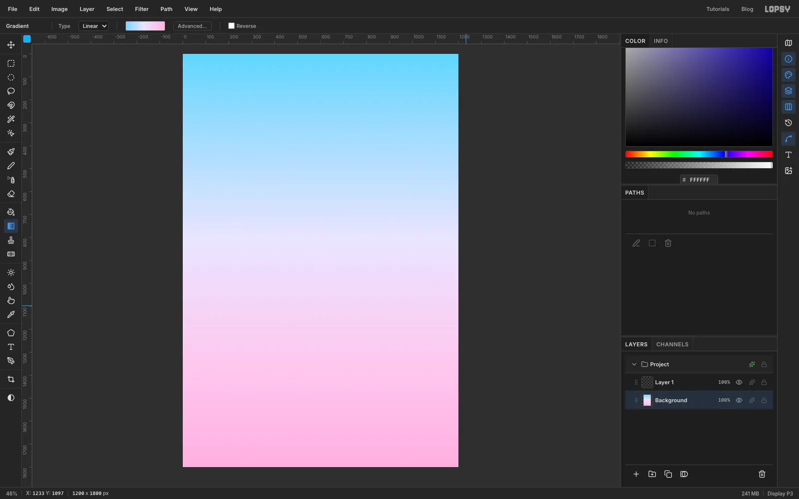 A 1200 by 1800 canvas filled with a gradient from baby blue at the top through pale lilac to bubblegum pink at the bottom