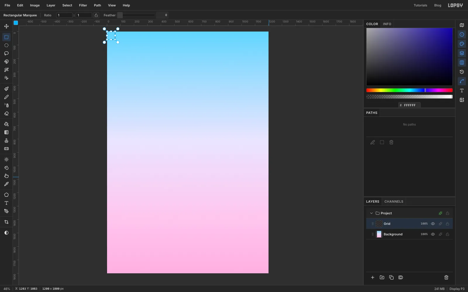 The top-left corner of the canvas with a small square selection around a single white grid corner