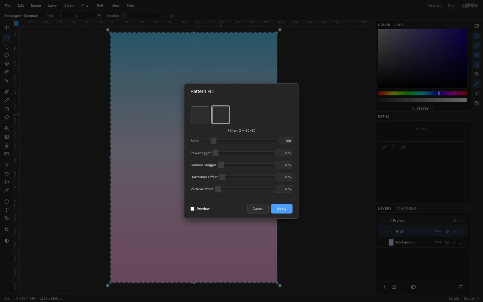 The Pattern Fill dialog open over the canvas with the new 60 by 60 grid pattern selected