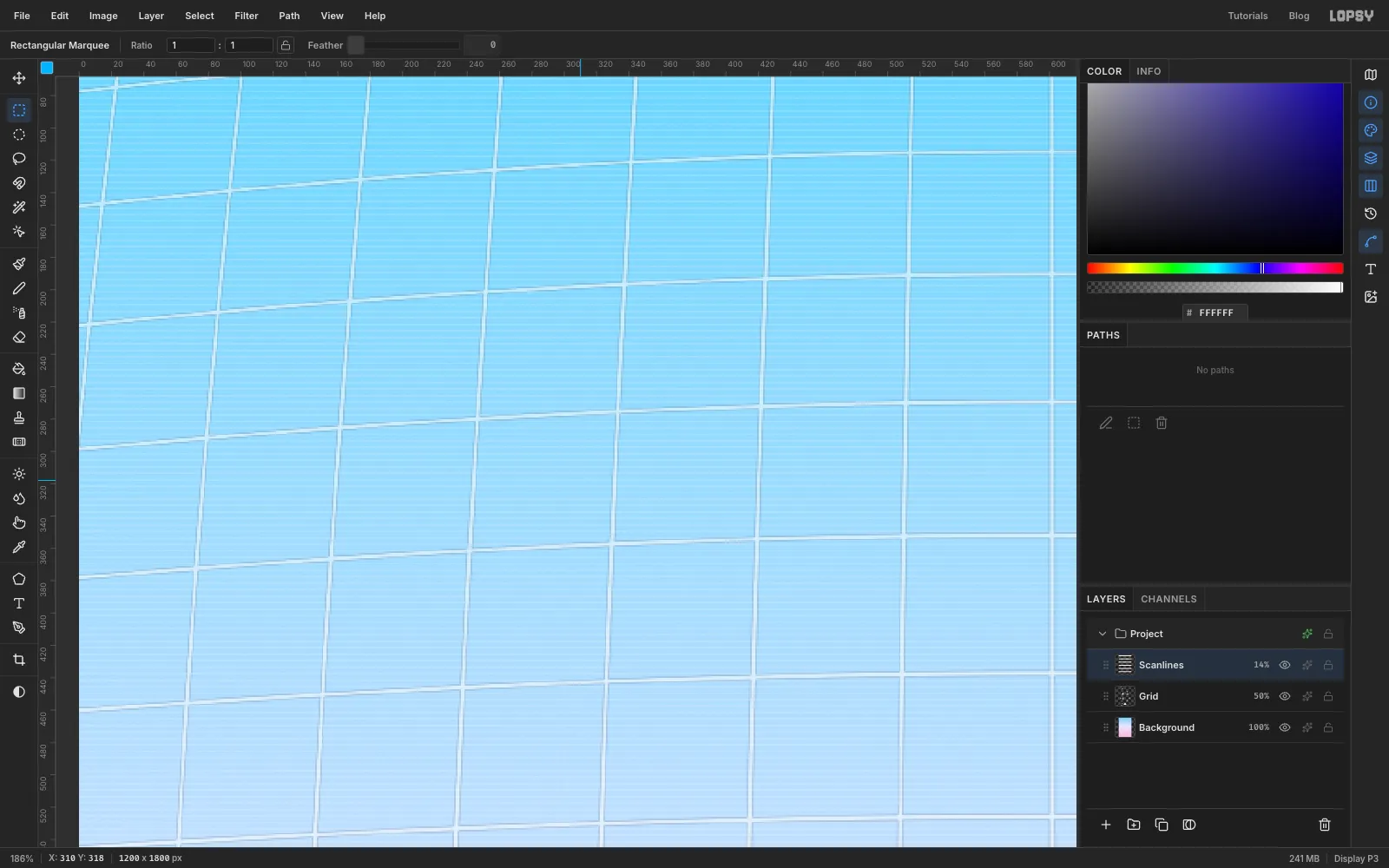 A close-up of the sky showing faint horizontal white scanlines every four pixels between the bent grid lines
