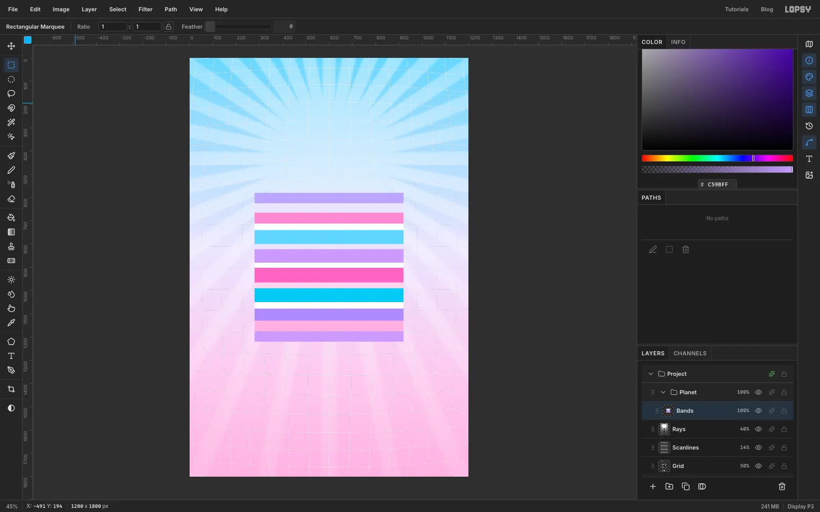 Fifteen horizontal stripes of lilac, pale lilac, pink, white, sky blue, purple and hot pink stacked in a block in the middle of the canvas