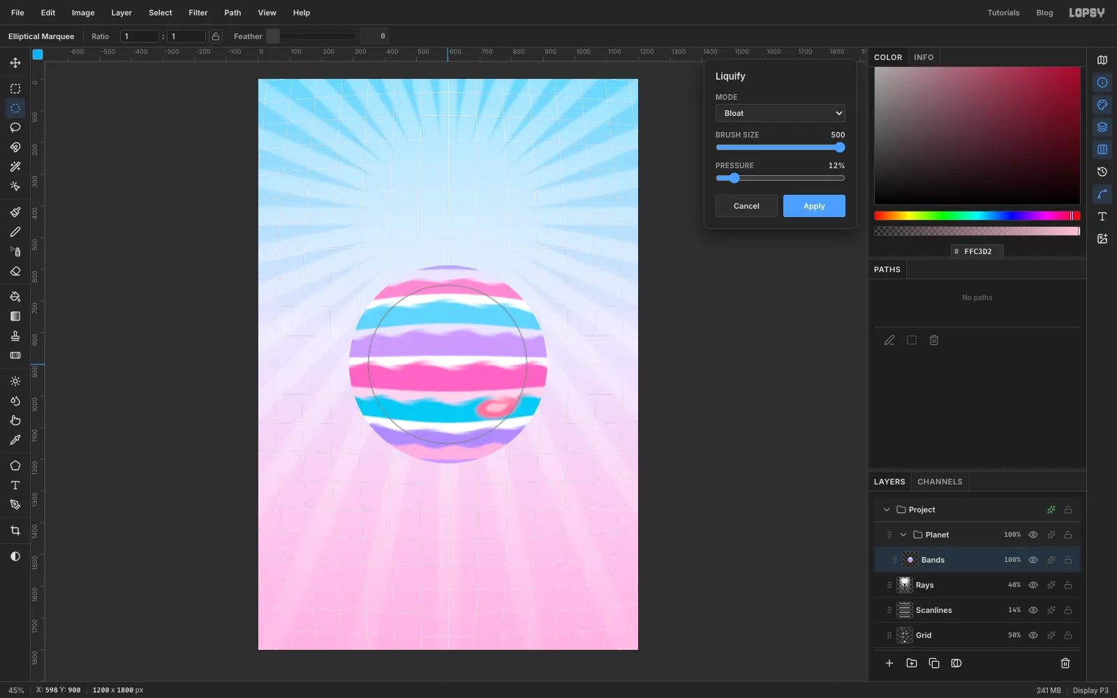 The Liquify panel set to Bloat with a 500 pixel brush and 12 percent pressure, with the brush circle over the centre of the planet