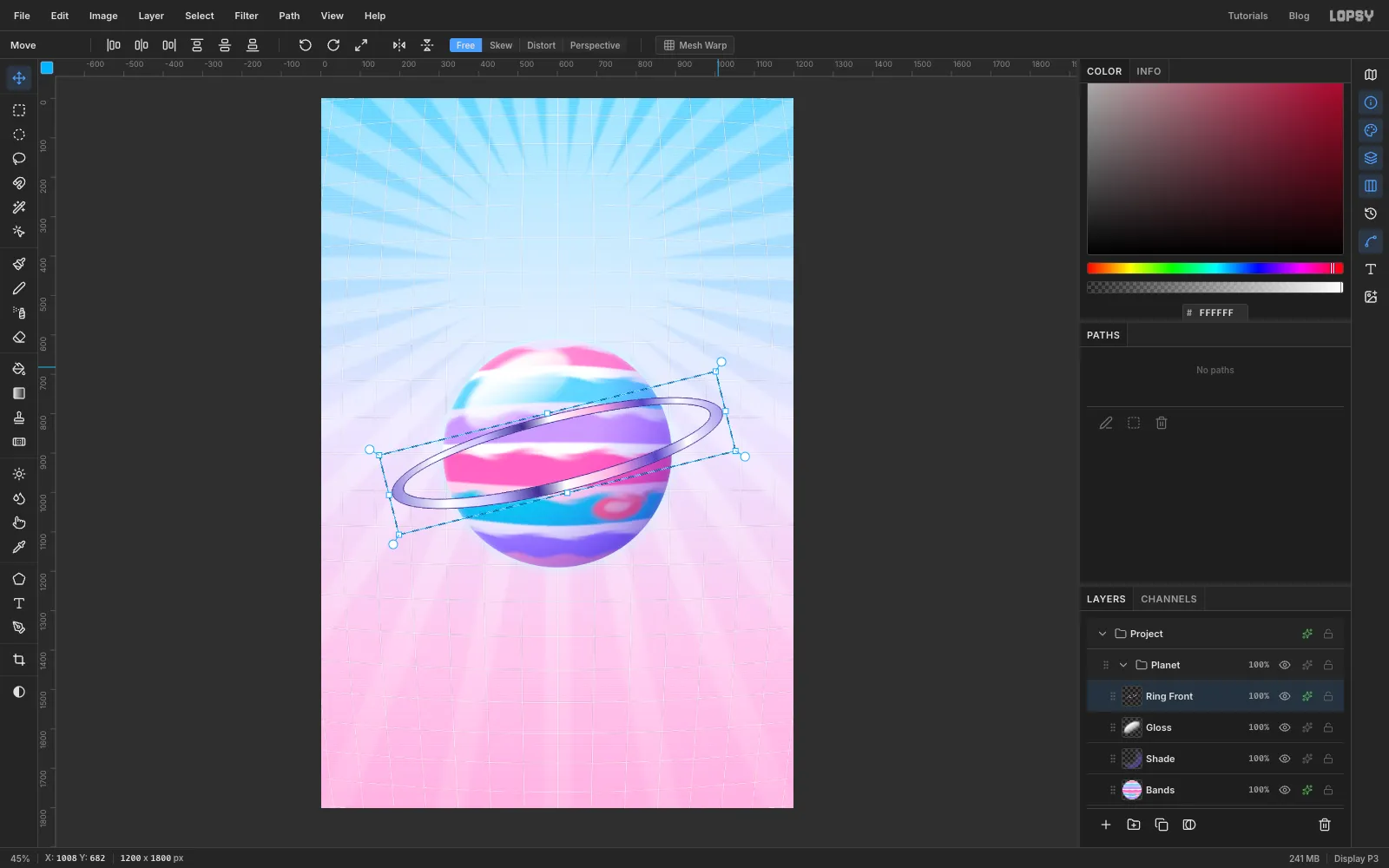 The chrome ring inside a rotated transform box, tilted so its right end rises