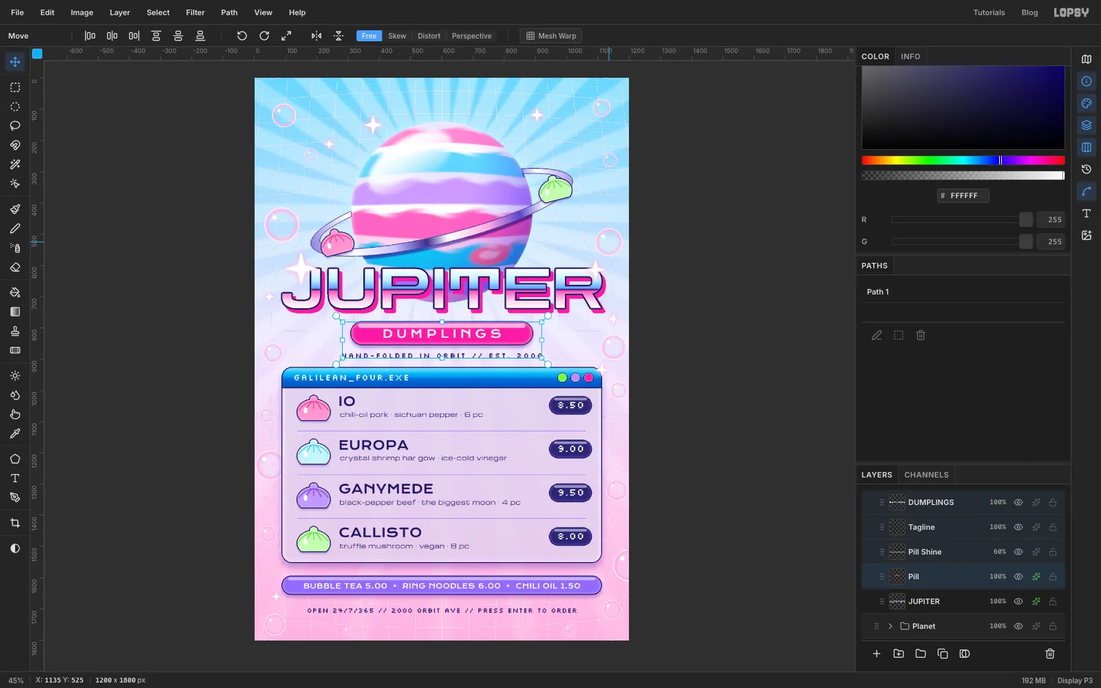 Several layers selected in the Layers panel while the pill and tagline are nudged down with the arrow keys