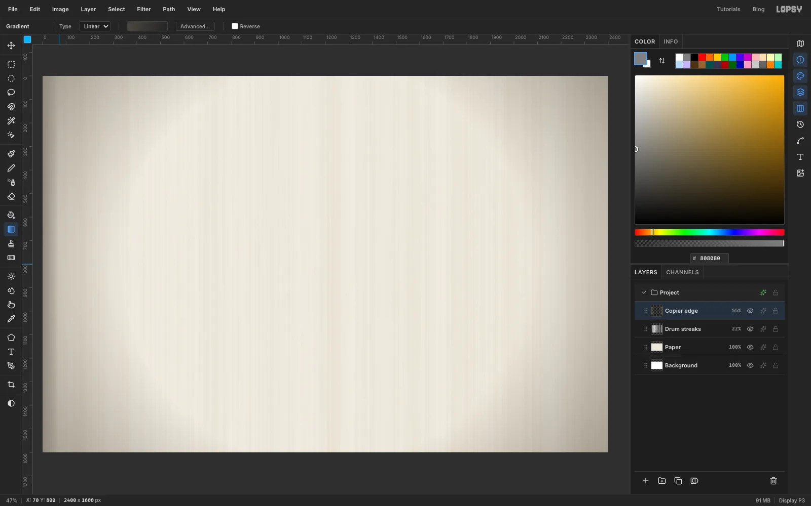 A soft darker vignette around the edge of the paper and a slightly darker band down the left edge