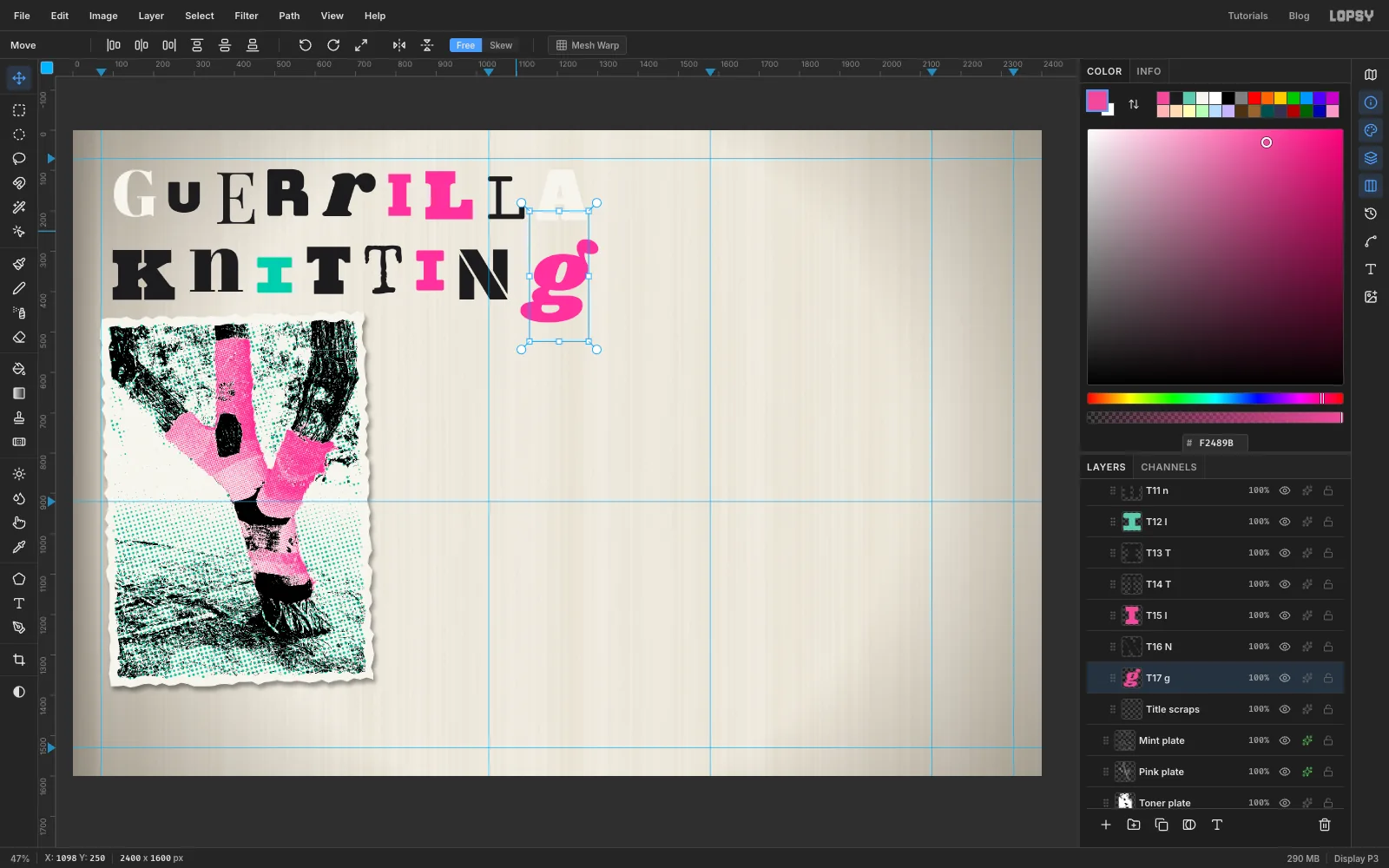GUERRILLA and KNITTING typed across the top left, every letter a separate text layer in a different font