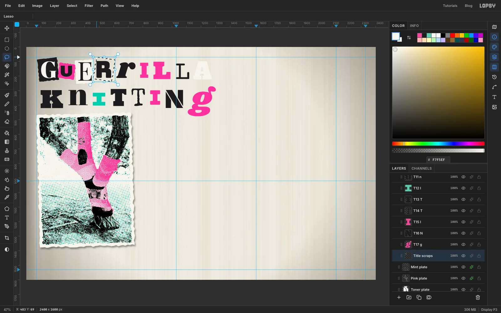 A small torn lasso around the R, with scraps already filled behind the first three letters