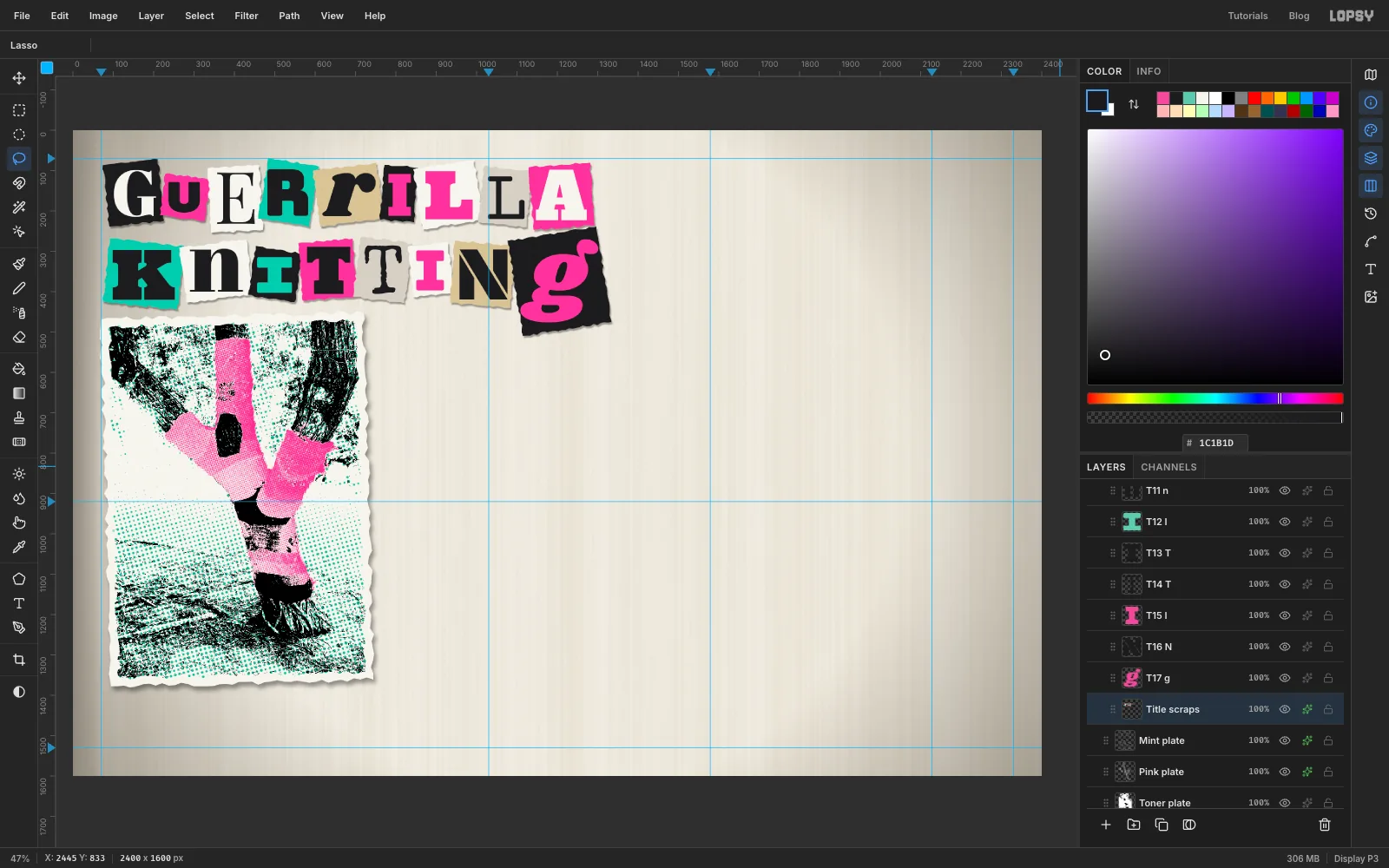 The finished ransom-note title with each letter on its own coloured, tilted paper scrap