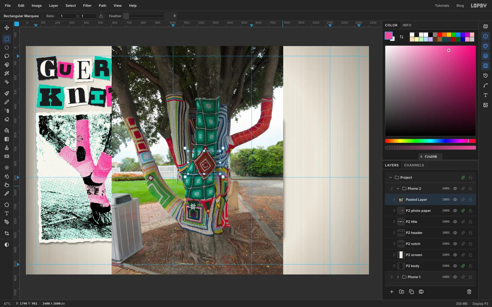 The granny-square tree photo pasted over the board with a small marquee around the red crocheted diamond