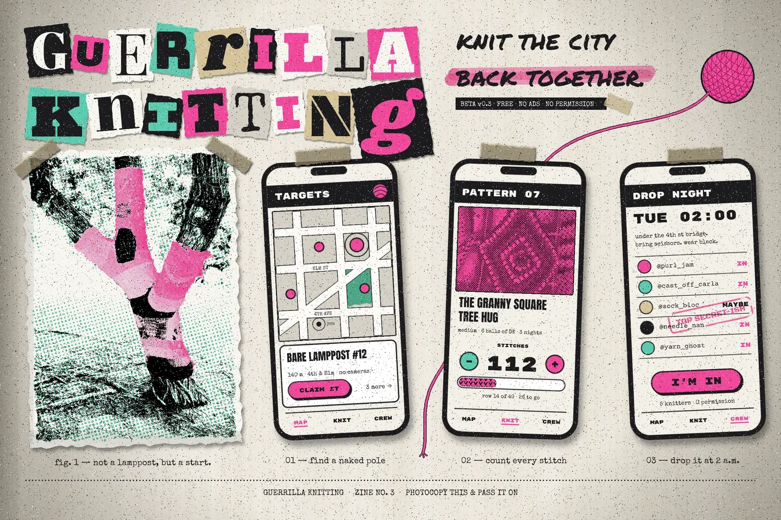 The finished Guerrilla Knitting app mockup on speckled photocopy paper. Top left, GUERRILLA KNITTING is spelled in ransom-note letters, each a different font on a torn scrap of black, pink, mint, white, kraft or grey paper. Below it a torn photo of a tree whose trunk is wrapped in knitting is printed in black toner, mint dots and pink dots. Three tilted black phones are taped to the board. The first shows a map of TARGETS with pink pins and a card for BARE LAMPPOST #12 with a pink CLAIM IT button. The second shows PATTERN 07, a pink halftone of a crocheted granny square, THE GRANNY SQUARE TREE HUG and a stitch counter reading 112. The third shows DROP NIGHT, TUE 02:00, a crew list of five knitters with a pink TOP SECRET-ISH stamp and an I'M IN button. Top right, the marker tagline KNIT THE CITY BACK TOGETHER has a pink highlighter stripe, a pink yarn ball trails its thread behind the middle phone, and typewriter captions, a dotted cut line and a footer run along the bottom